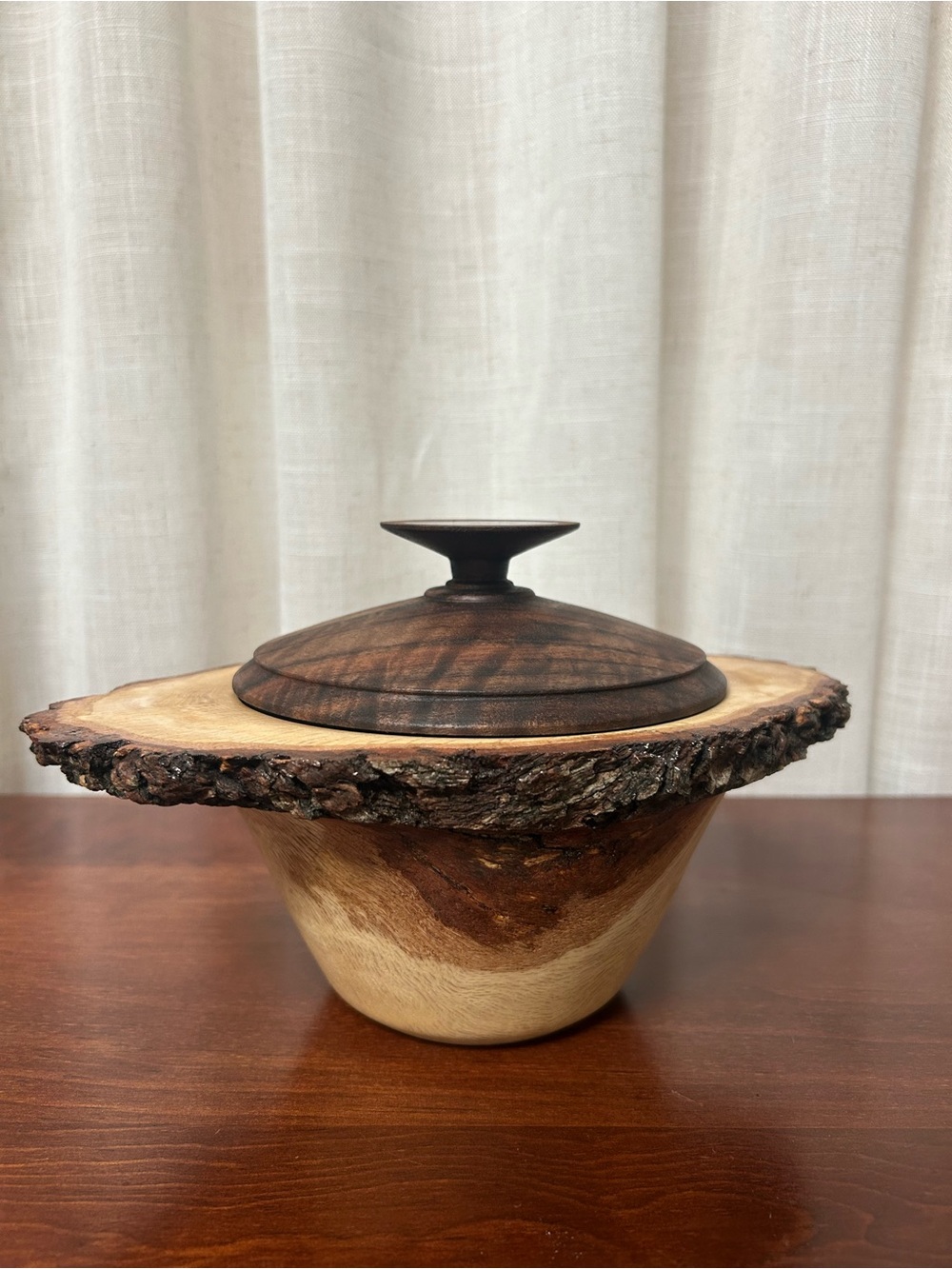 Handcrafted Oak Burl Bowl with Walnut Lid Live Edge Artisan Woodworking